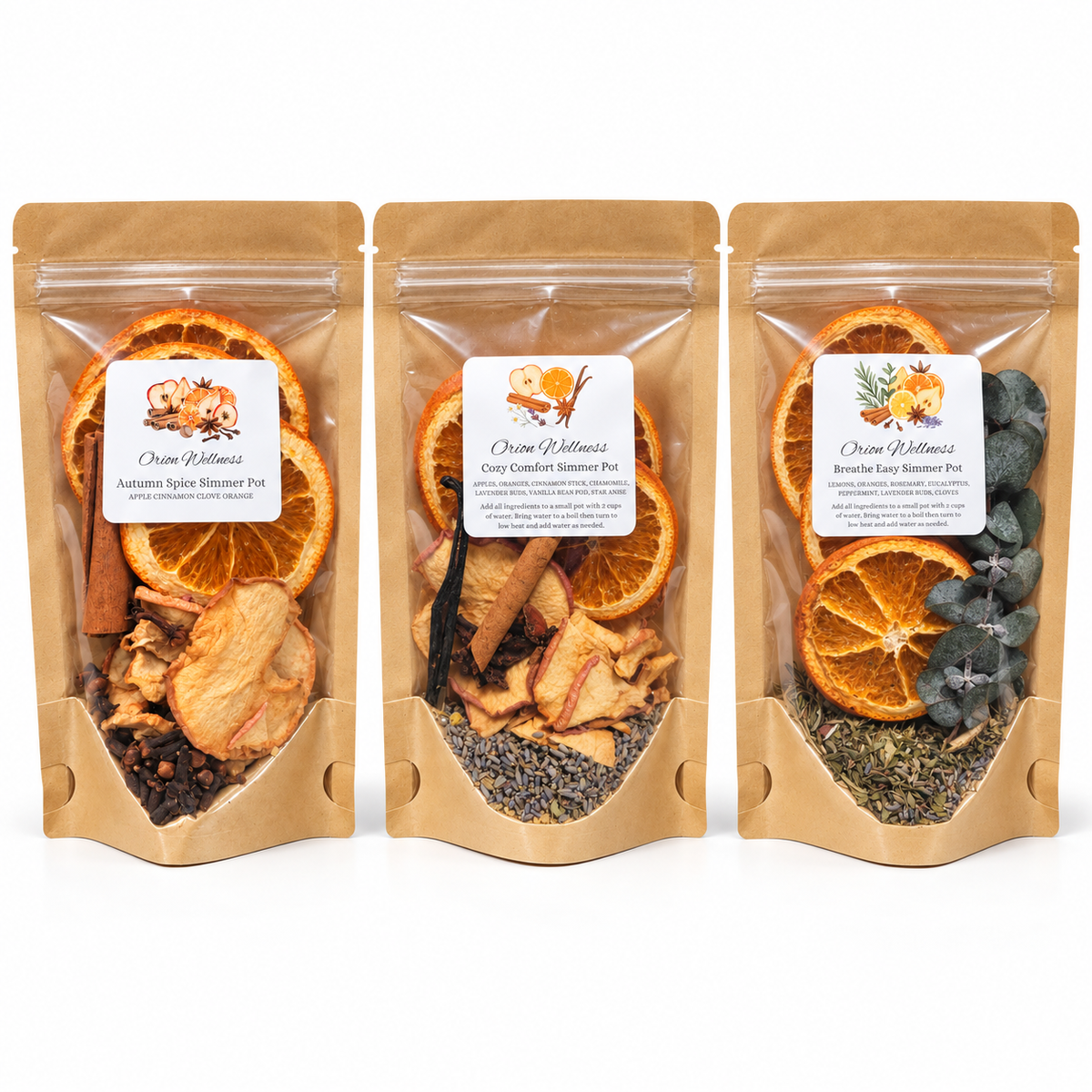 Three Orion Wellness simmer pot pouches on a white background
