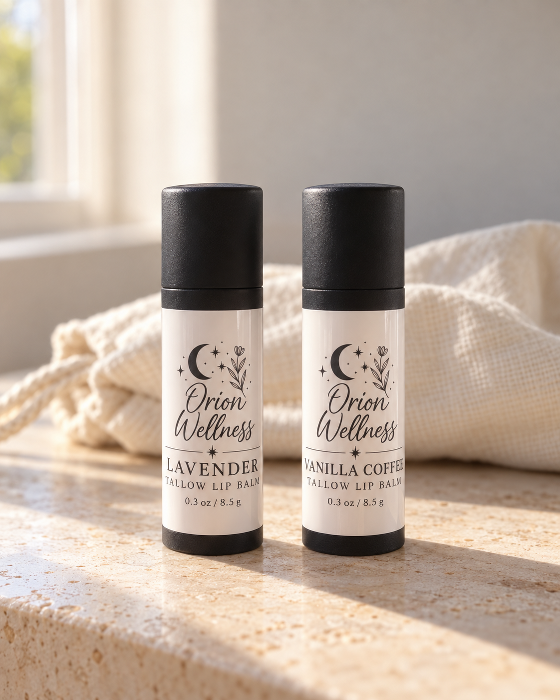 Lavender and Vanilla Coffee Orion Wellness Tallow Lip Balms in natural window light