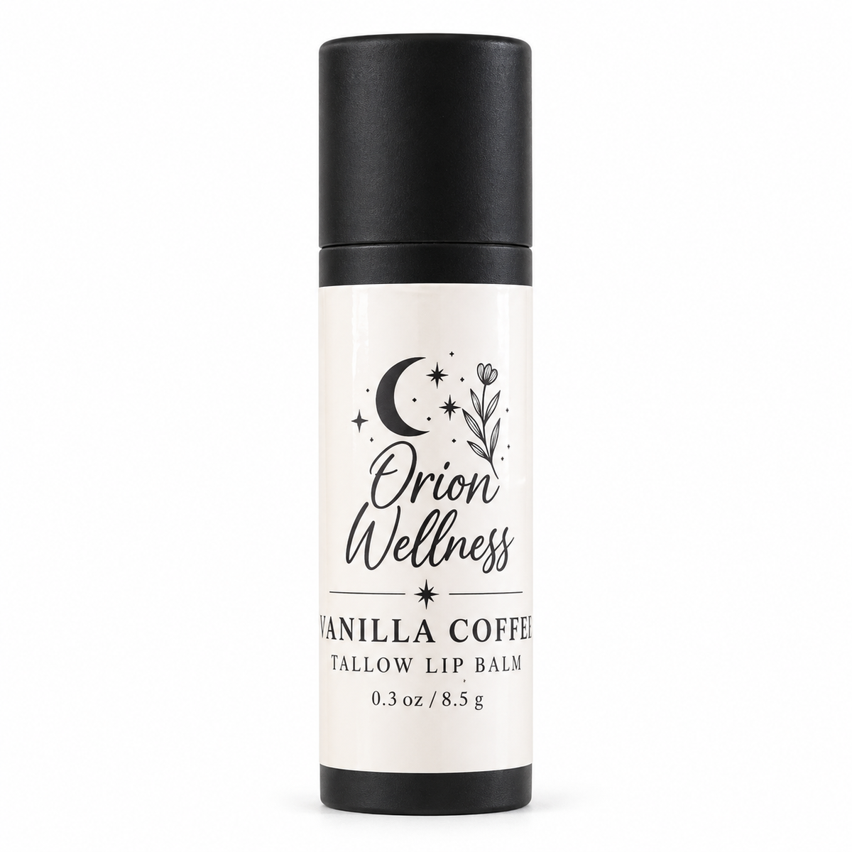 Orion Wellness Vanilla Coffee Tallow Lip Balm, 0.3 oz, on a white background