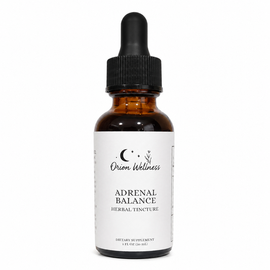 Orion Wellness Adrenal Balance 1 oz herbal tincture bottle on a white background.