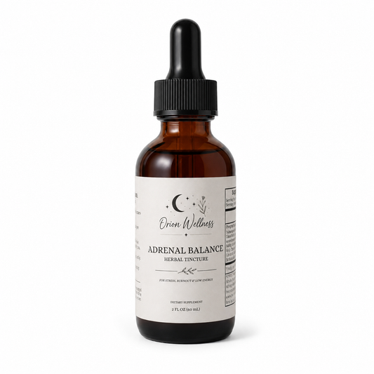 Orion Wellness Adrenal Balance Herbal Tincture, 2 oz amber glass bottle with a black dropper on a white background.