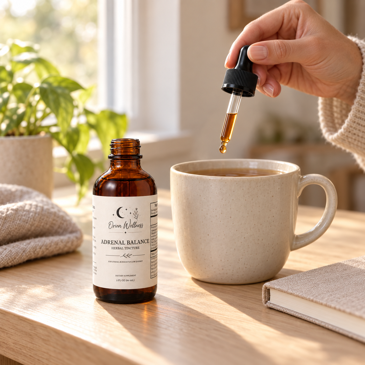 Orion Wellness Adrenal Balance Herbal Tincture, 2 oz amber bottle with dropper being added to a cup of tea.