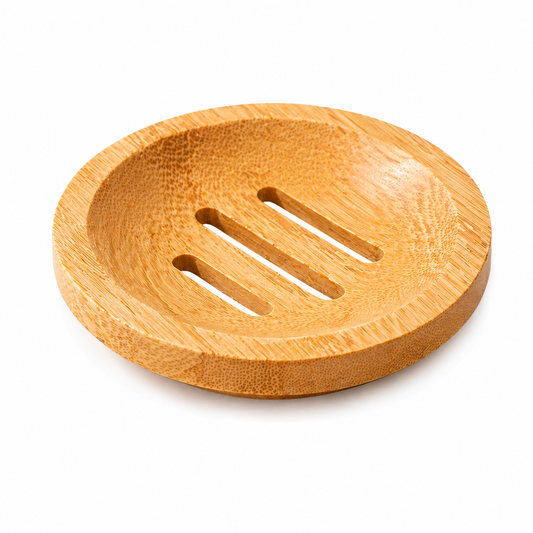 Round bamboo shower steamer tray with three drainage slots on a white background.