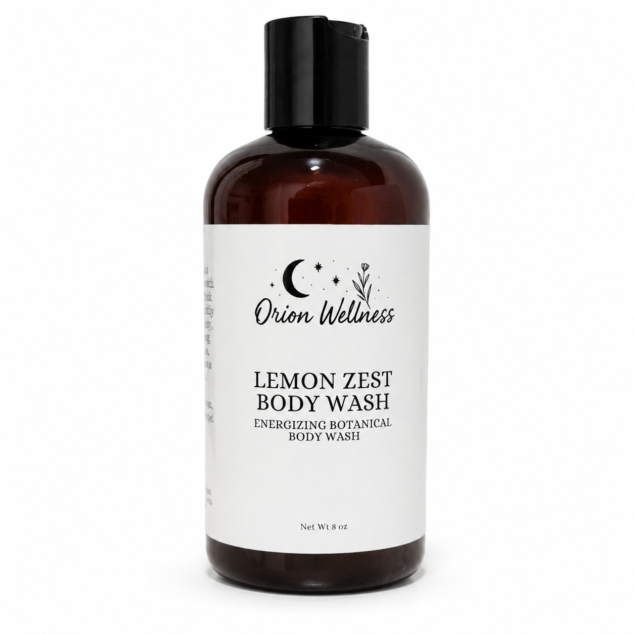 Orion Wellness Lemon Zest Body Wash 8 oz amber bottle on a white background.