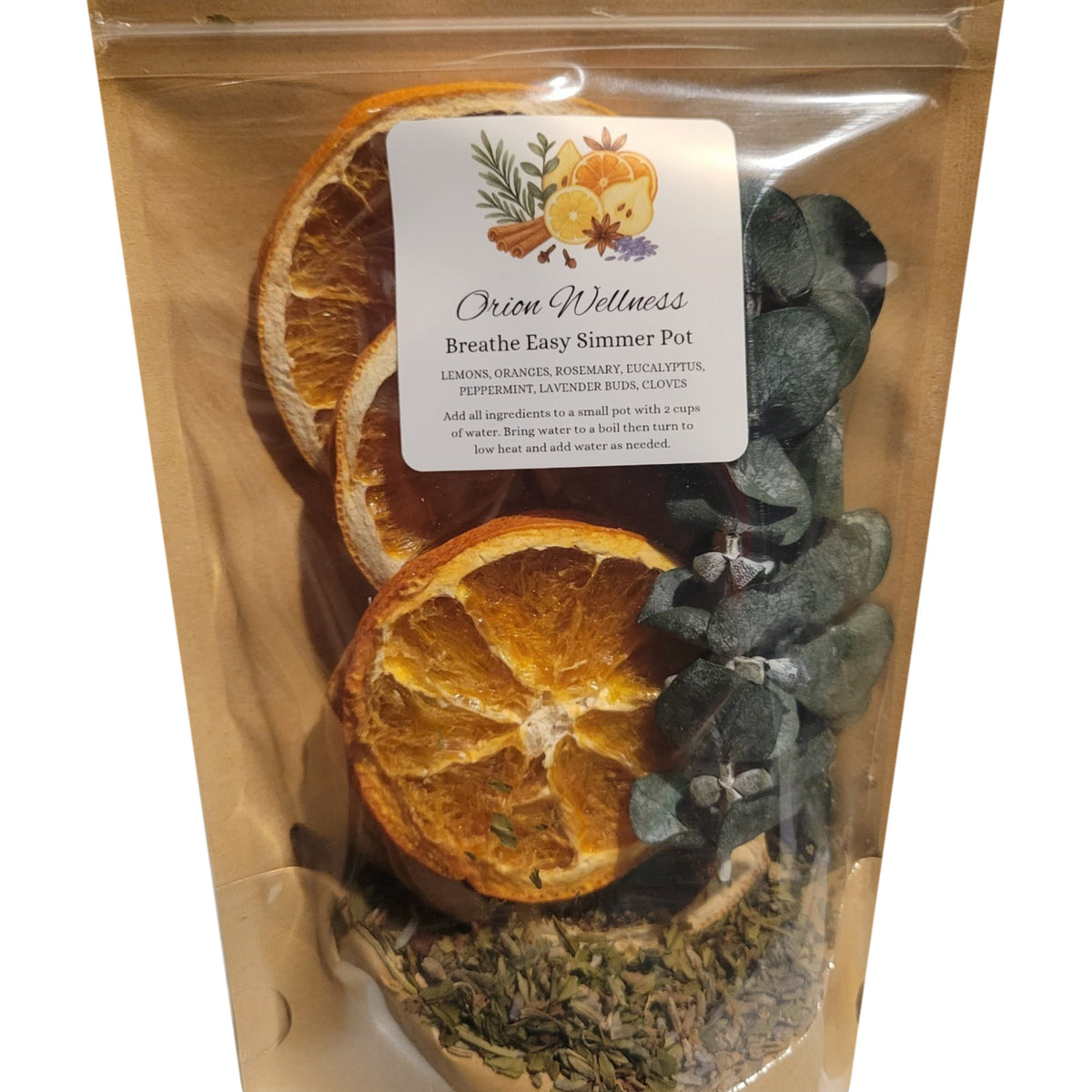 Close-up of Breathe Easy Simmer Pot label by Orion Wellness
