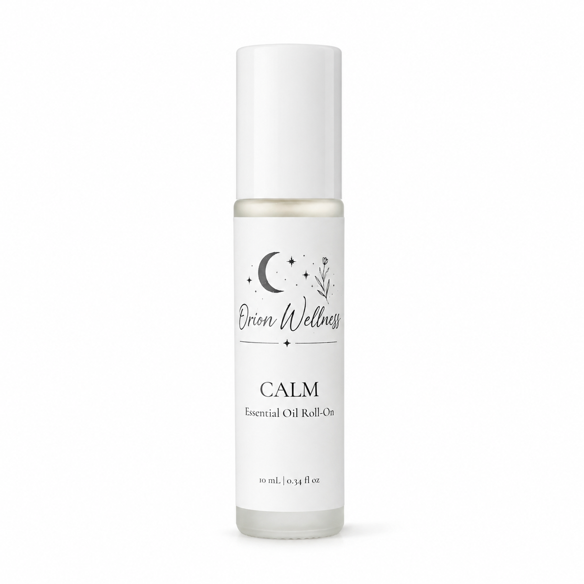 Orion Wellness Calm 10 mL essential oil roll-on with a white cap on a white background.