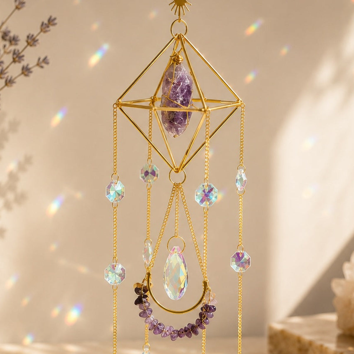 Close-up of Celestial Amethyst Sun Catcher label by Orion Wellness