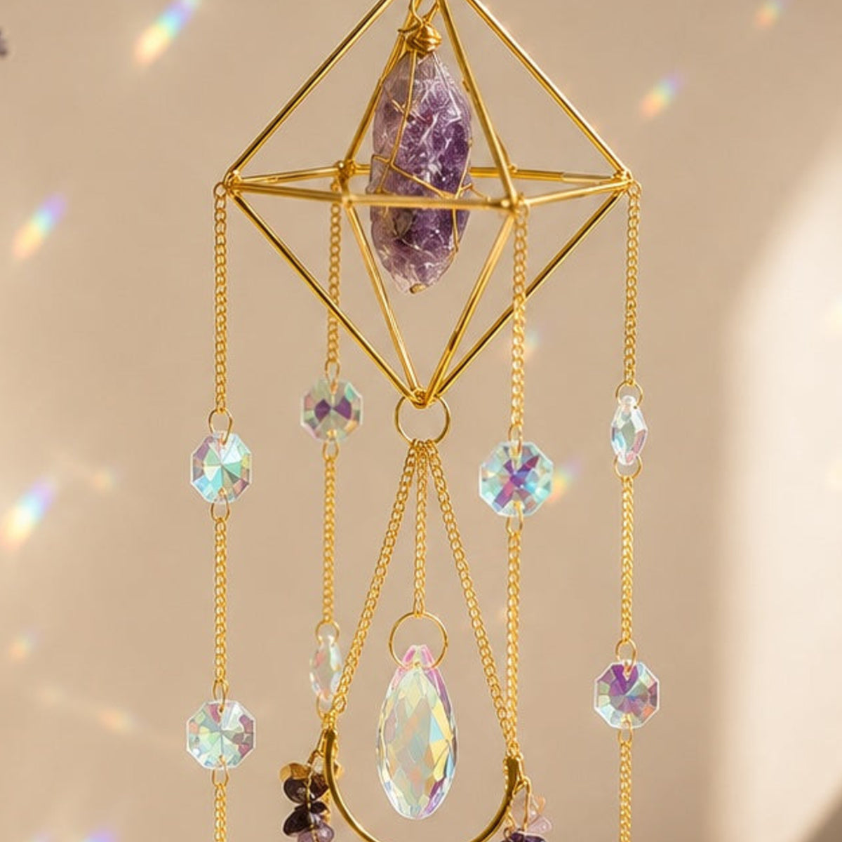 Close-up detail of Celestial Amethyst Sun Catcher crystal and hanging prisms