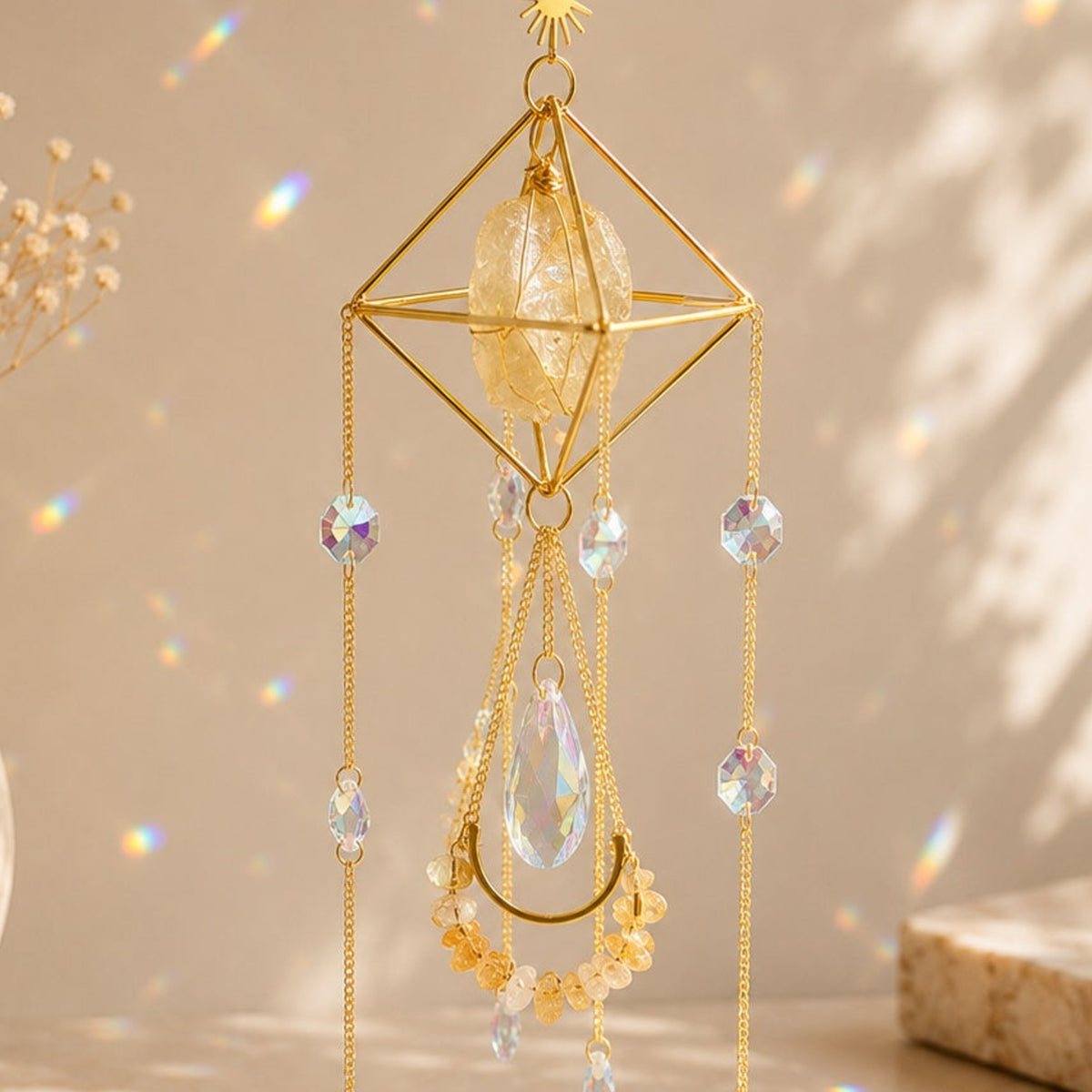 Close-up of Celestial Citrine Sun Catcher label by Orion Wellness
