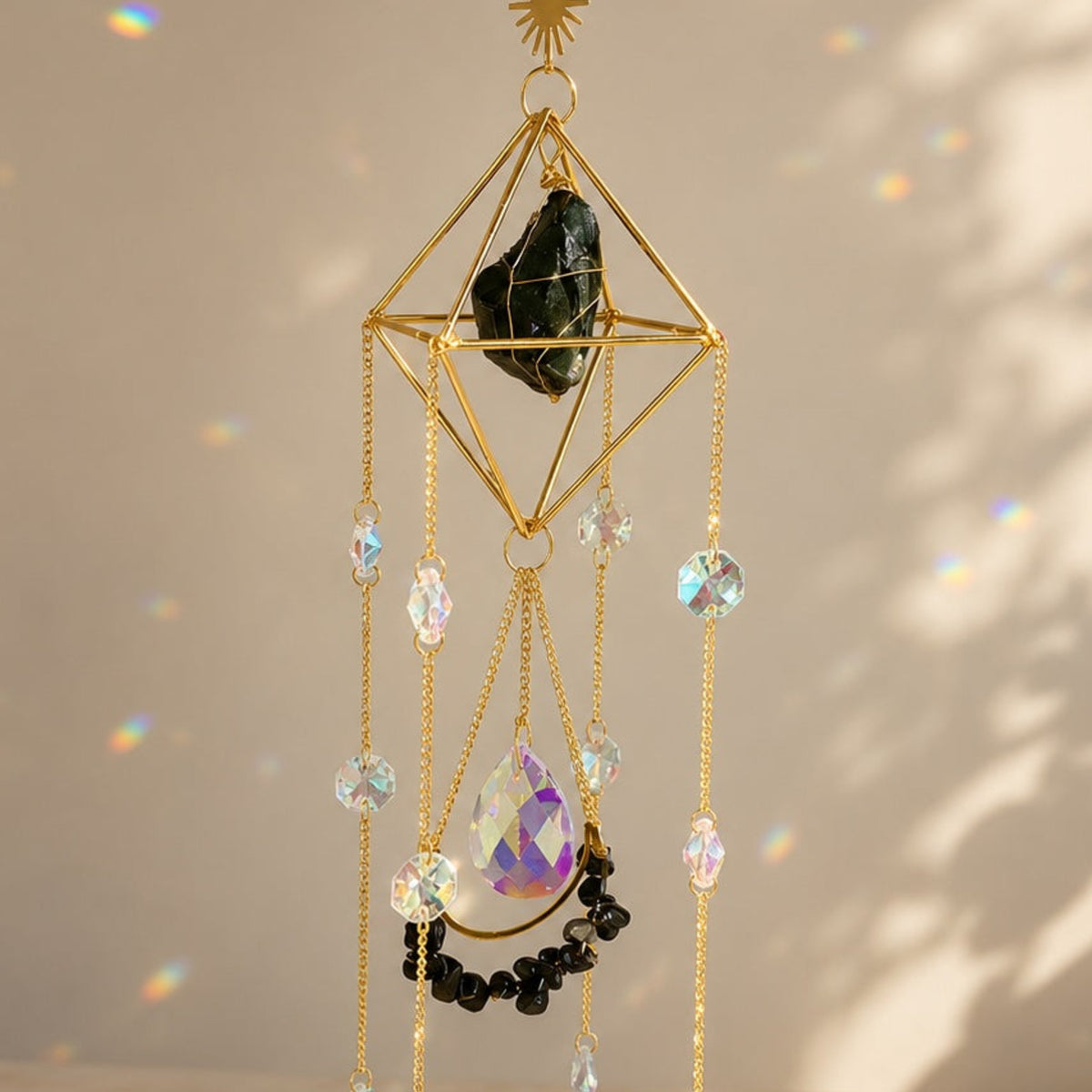 Close-up of Celestial Obsidian Sun Catcher label by Orion Wellness