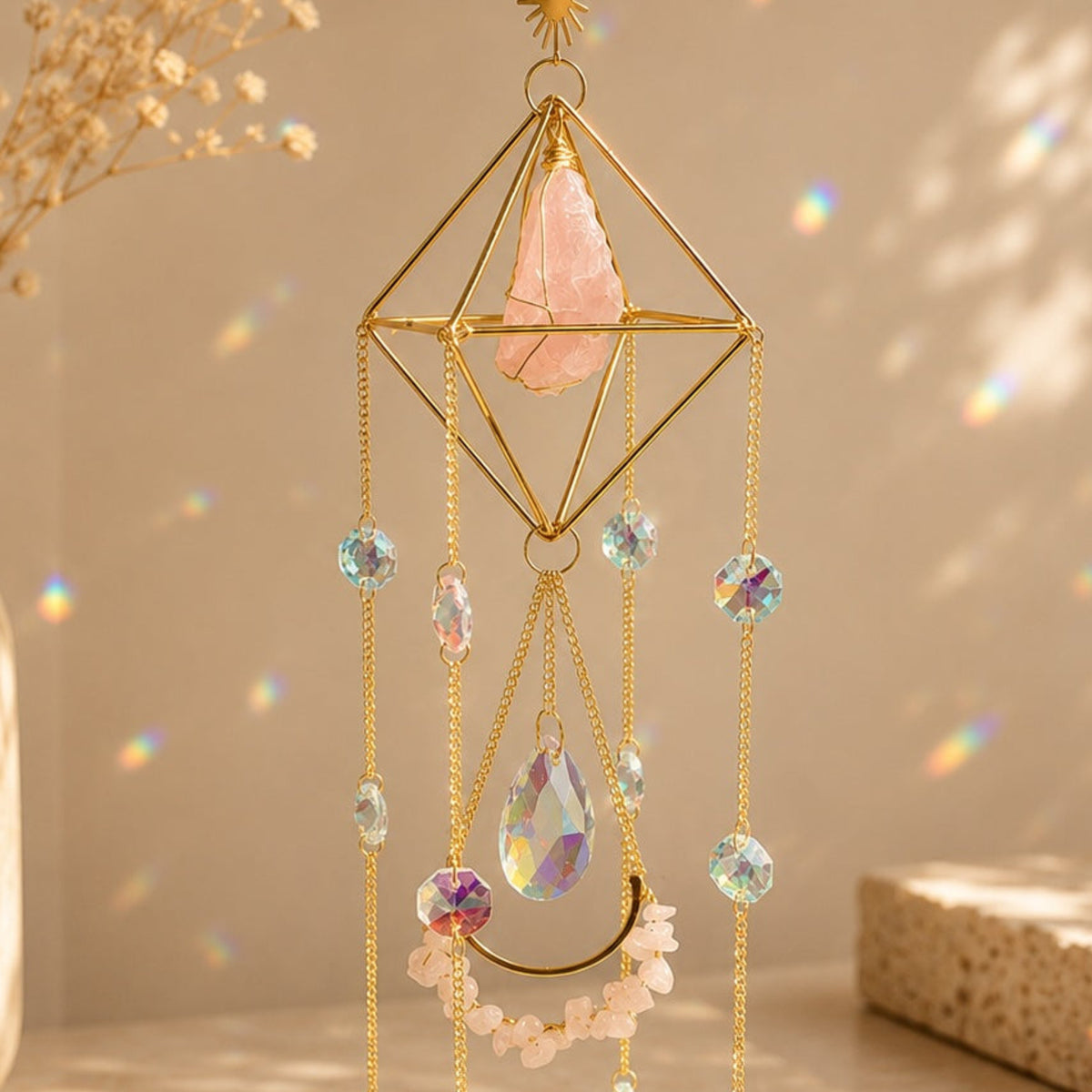 Close-up of Celestial Rose Quartz Sun Catcher label by Orion Wellness