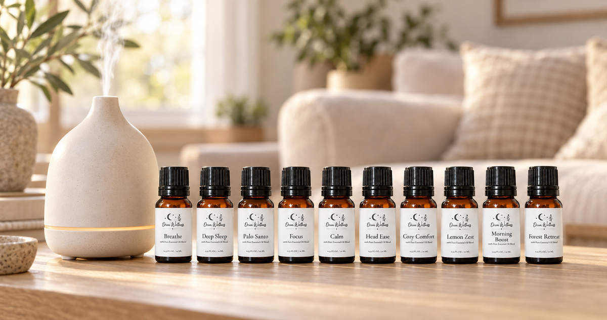 Orion Wellness complete diffuser blend set beside a running diffuser