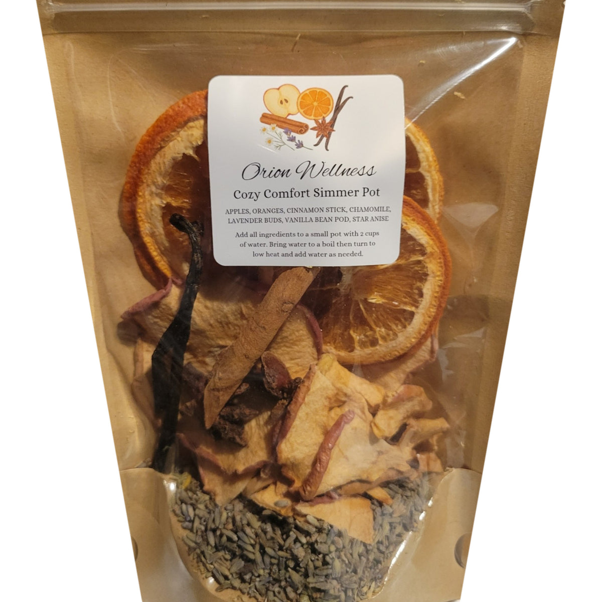 Close-up of Cozy Comfort Simmer Pot label by Orion Wellness