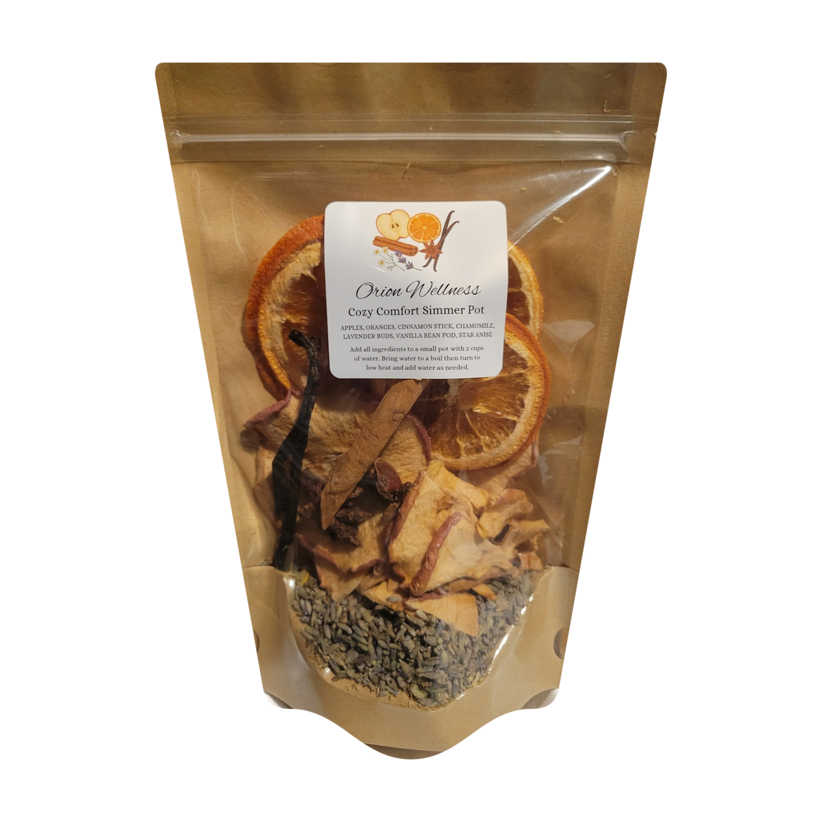 Orion Wellness Cozy Comfort Simmer Pot in a kraft pouch with a clear window showing dried fruit and spices on a white background