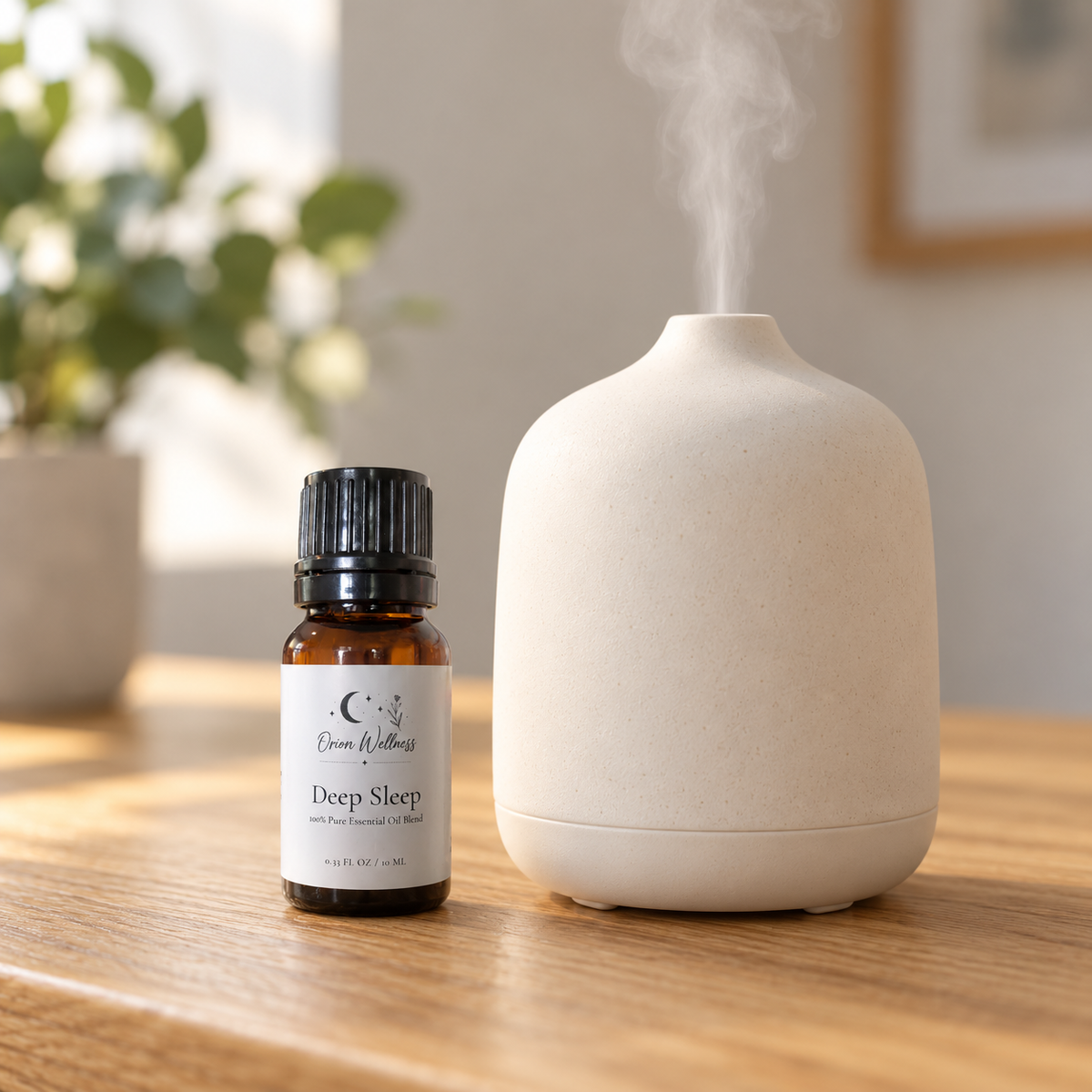 Orion Wellness Deep Sleep 10 mL diffuser blend beside a running diffuser