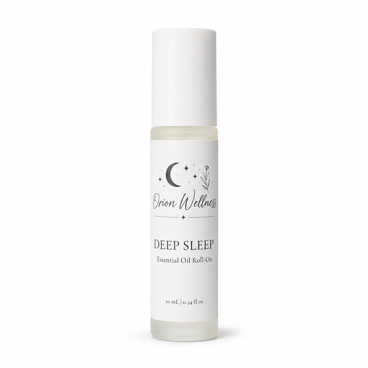 Orion Wellness Deep Sleep 10 mL essential oil roll-on with a white cap on a white background.