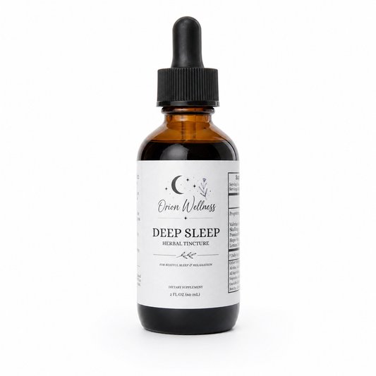 Orion Wellness Deep Sleep Herbal Tincture, 2 oz amber glass bottle with a black dropper on a white background.