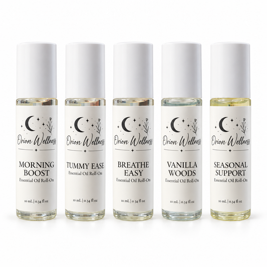Orion Wellness five-piece set: Morning Boost, Tummy Ease, Breathe Easy, Vanilla Woods, and Seasonal Support on white