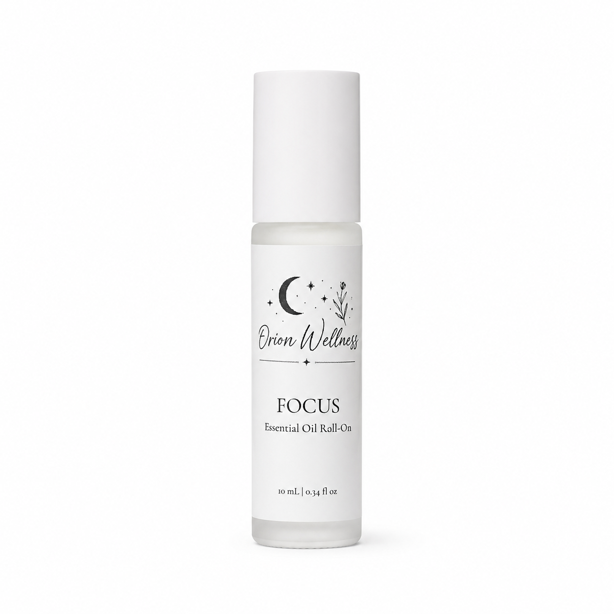 Orion Wellness Focus 10 mL essential oil roll-on with a white cap on a white background.