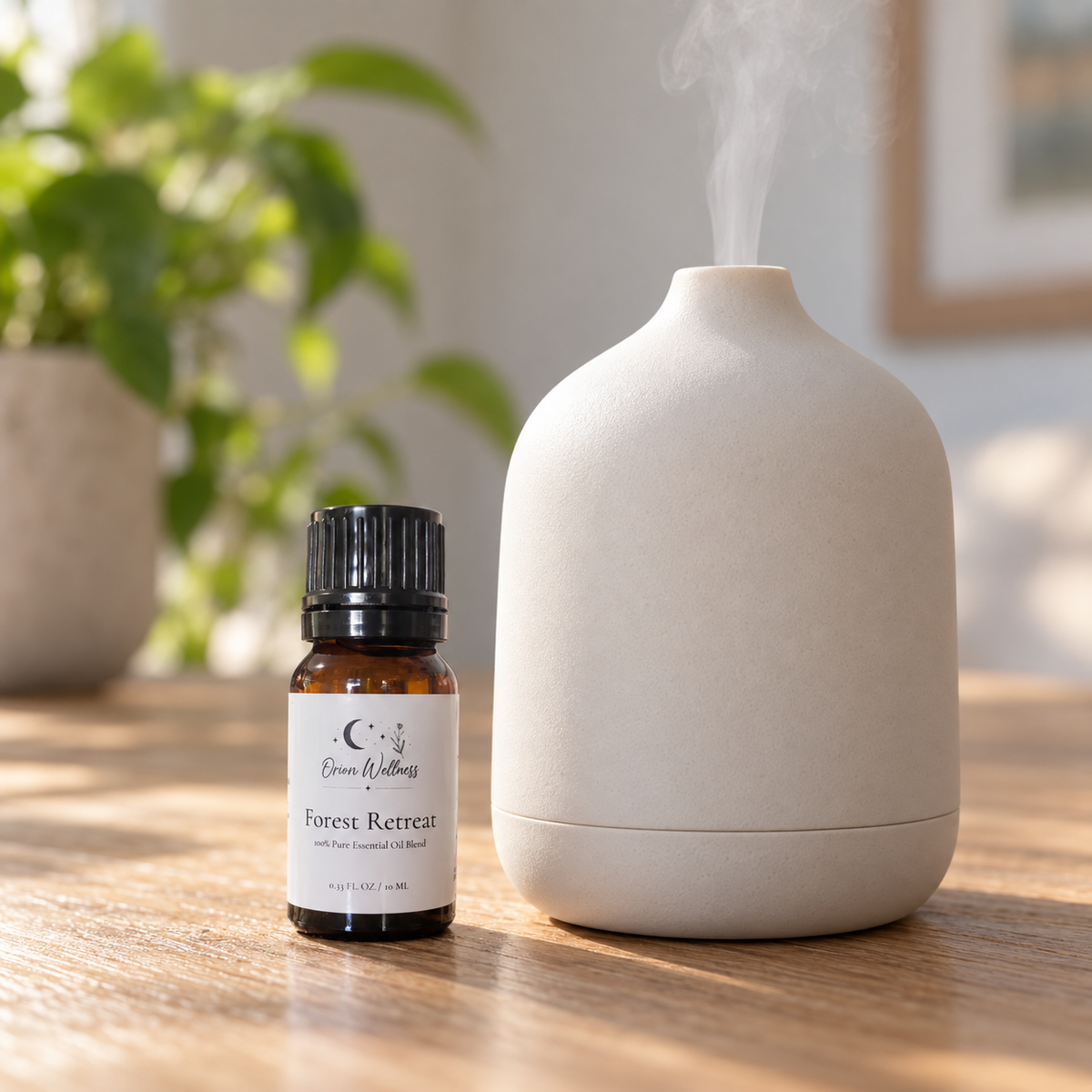 Orion Wellness Forest Retreat 10 mL diffuser blend beside a running diffuser