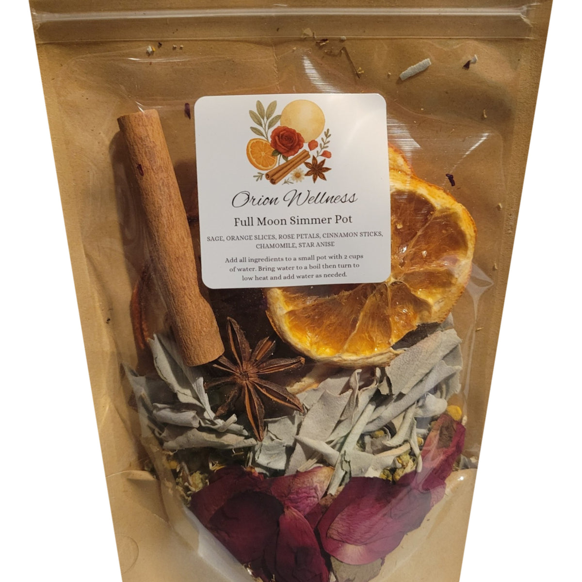 Close-up of Full Moon Simmer Pot label by Orion Wellness