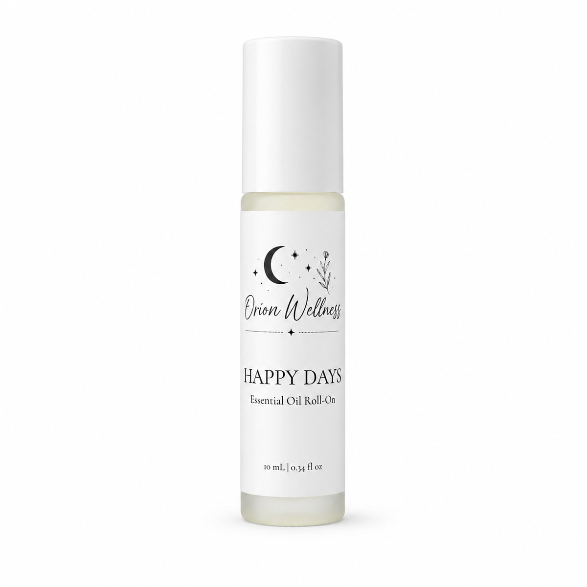 Orion Wellness Happy Days 10 mL essential oil roll-on with a white cap on a white background.