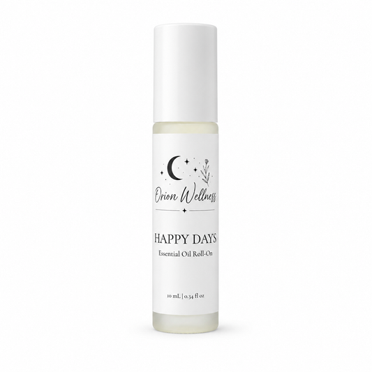 Orion Wellness Happy Days 10 mL essential oil roll-on with a white cap on a white background.