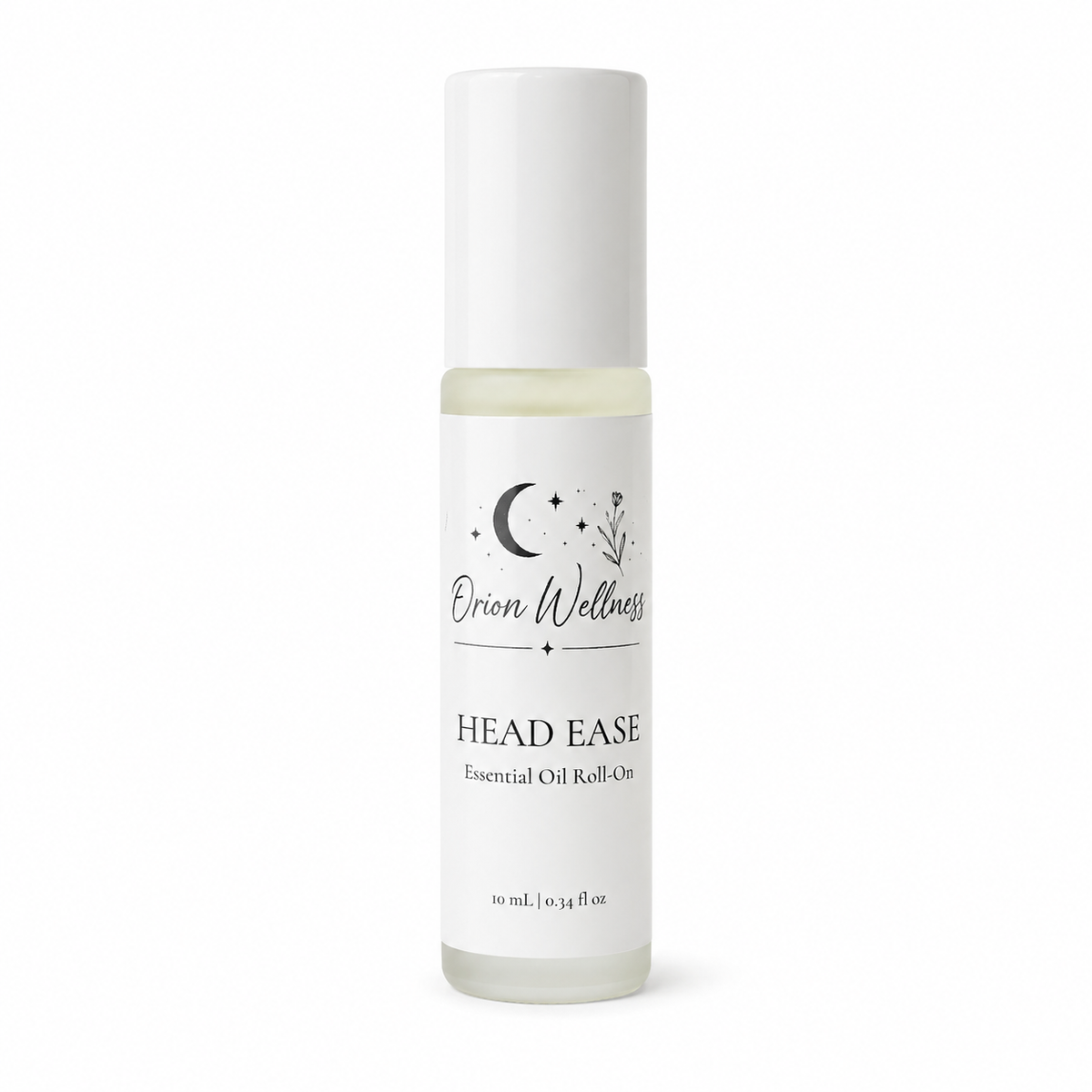 Orion Wellness Head Ease 10 mL essential oil roll-on with a white cap on a white background.