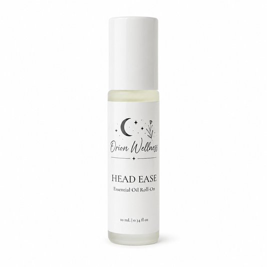Orion Wellness Head Ease 10 mL essential oil roll-on with a white cap on a white background.
