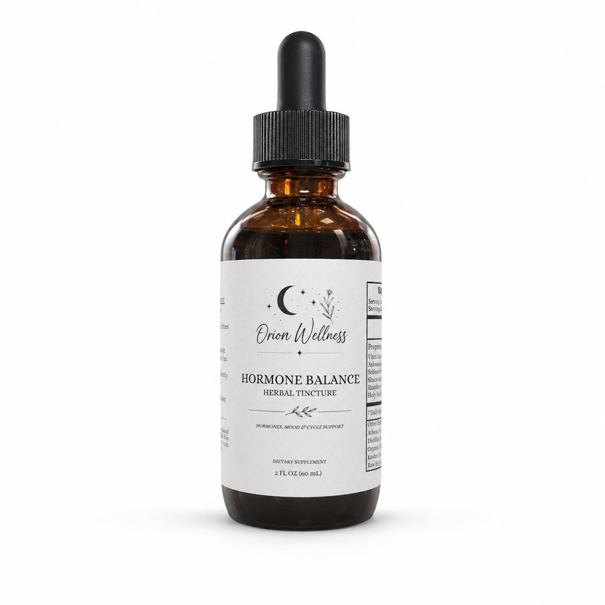 Orion Wellness Hormone Balance Herbal Tincture, 2 oz amber glass bottle with a black dropper on a white background.