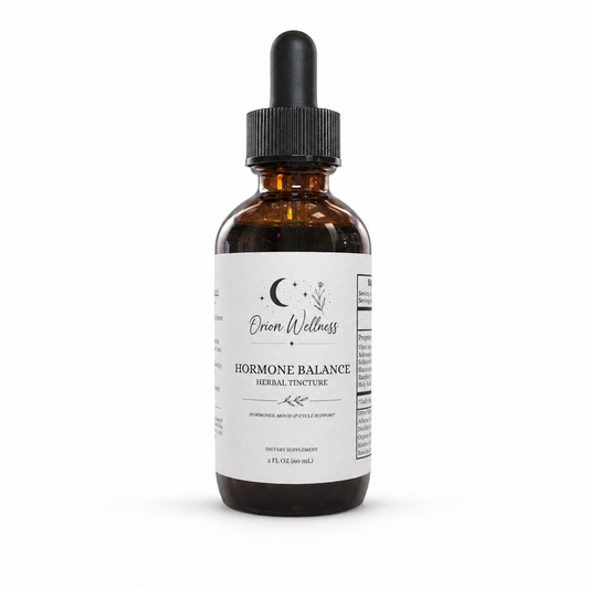 Orion Wellness Hormone Balance Herbal Tincture, 2 oz amber glass bottle with a black dropper on a white background.
