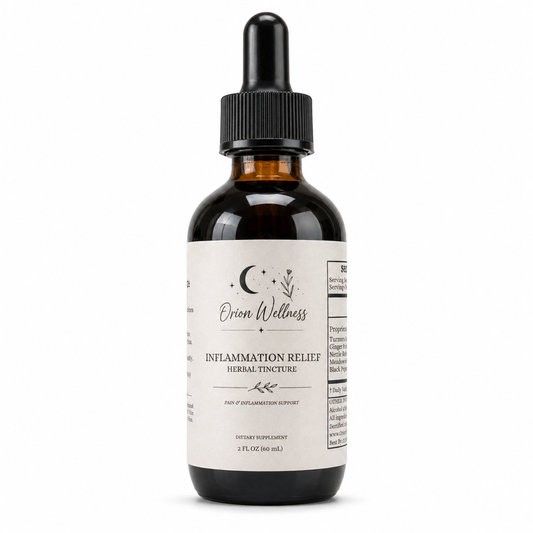Orion Wellness Inflammation Relief Herbal Tincture, 2 oz amber glass bottle with a black dropper on a white background.
