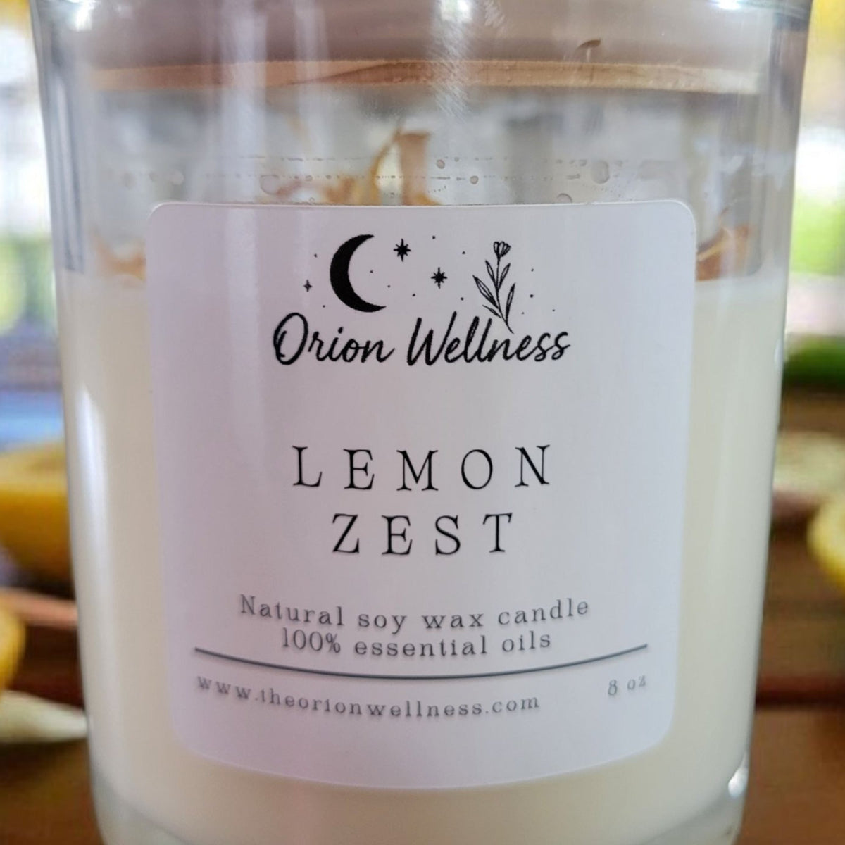 Close-up of Lemon Zest Candle label by Orion Wellness