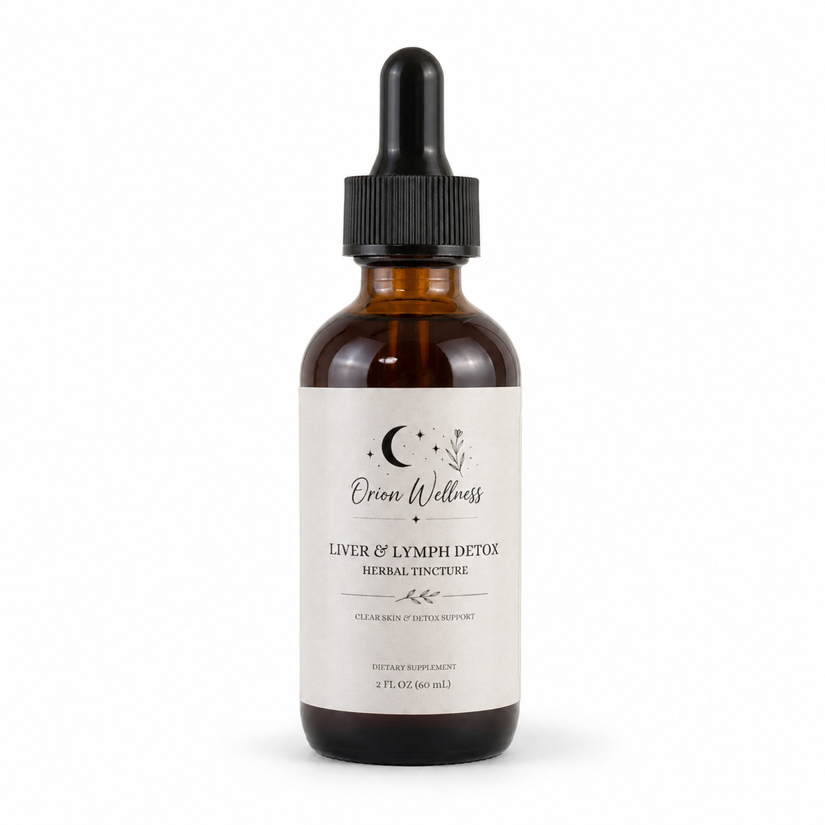 Orion Wellness Liver & Lymph Detox Herbal Tincture, 2 oz amber glass bottle with a black dropper on a white background.
