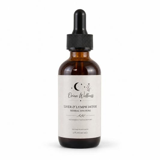 Orion Wellness Liver & Lymph Detox Herbal Tincture, 2 oz amber glass bottle with a black dropper on a white background.