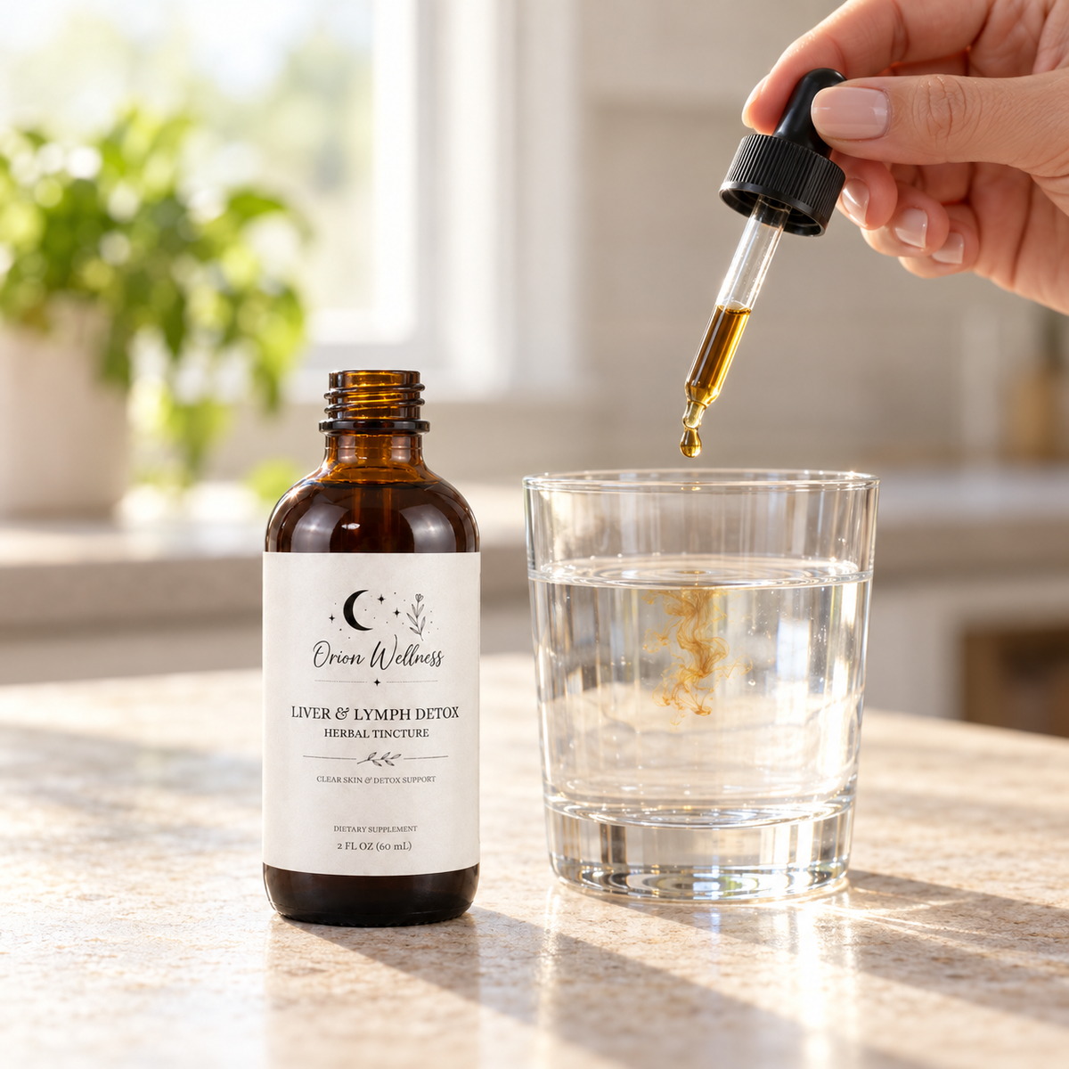 Orion Wellness Liver & Lymph Detox Herbal Tincture, 2 oz amber bottle with dropper being added to a glass of water.