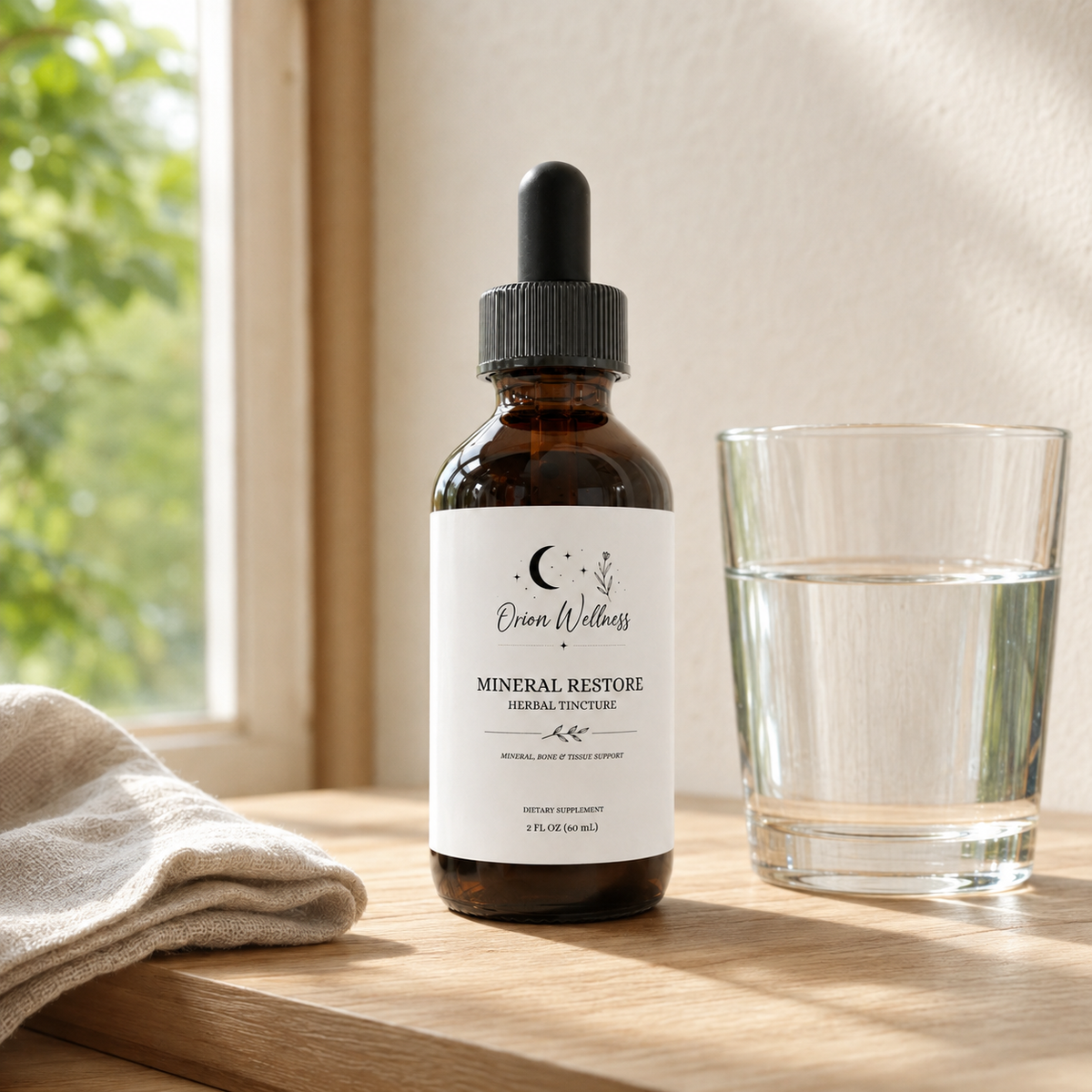Orion Wellness Mineral Restore tincture on a light oak kitchen counter with a glass of water, folded linen, and soft window light.