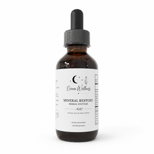 Orion Wellness Mineral Restore Herbal Tincture, 2 oz amber glass bottle with a black dropper on a white background.