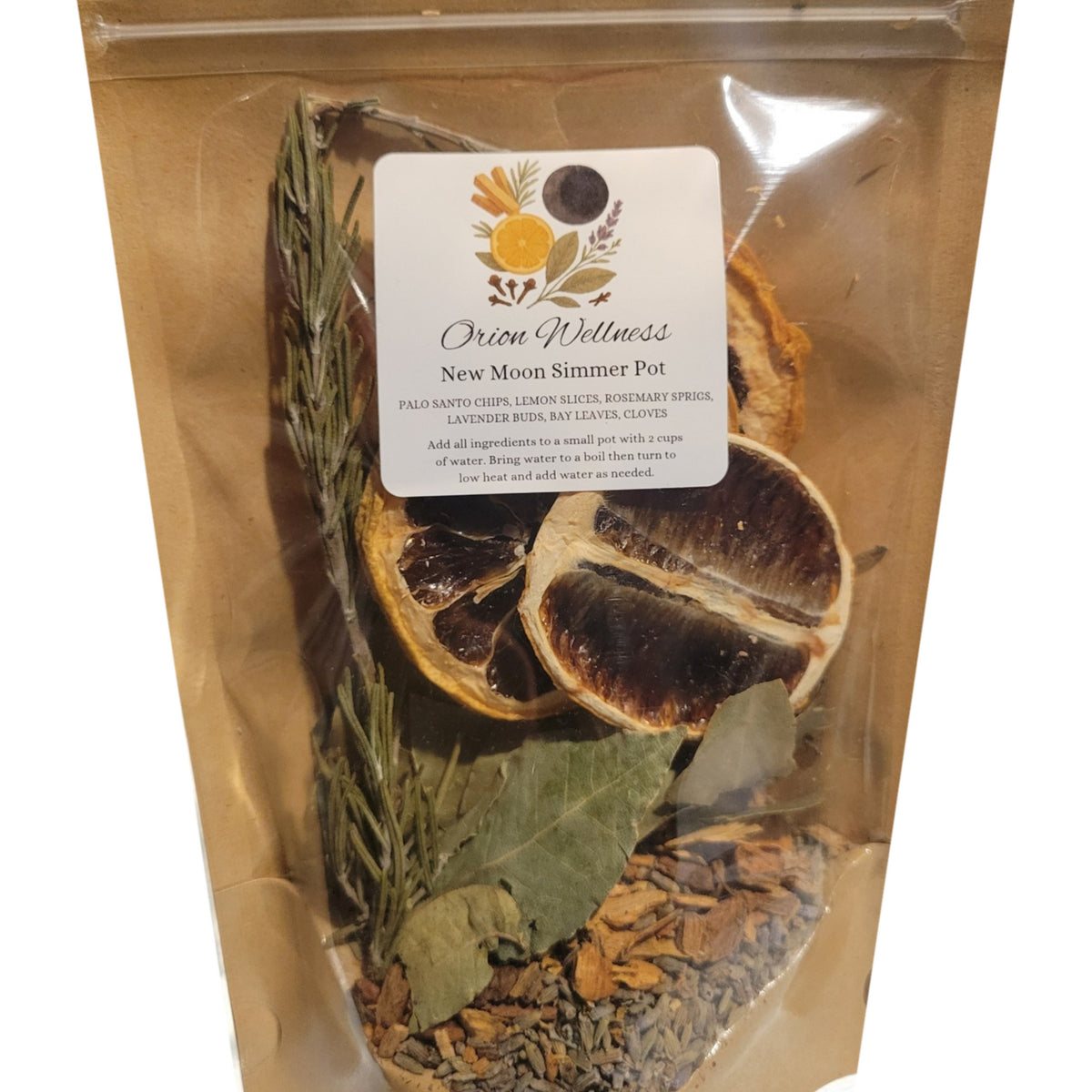 Close-up of New Moon Simmer Pot label by Orion Wellness
