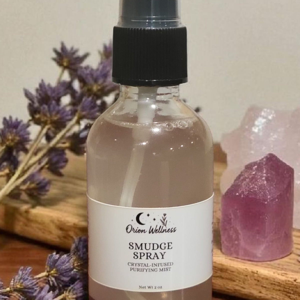 Close-up of Smudge Spray label by Orion Wellness