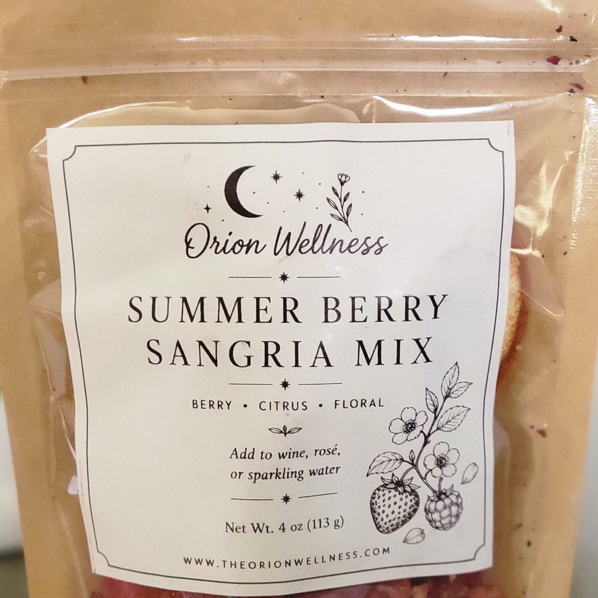 Close-up of Summer Berry Sangria label by Orion Wellness