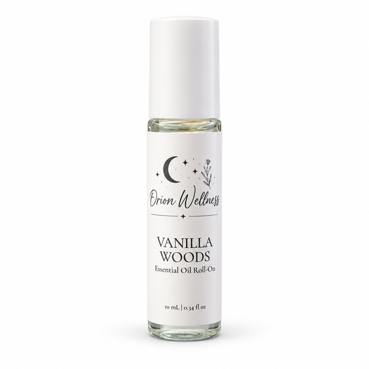 Orion Wellness Vanilla Woods 10 mL roll-on on a white background