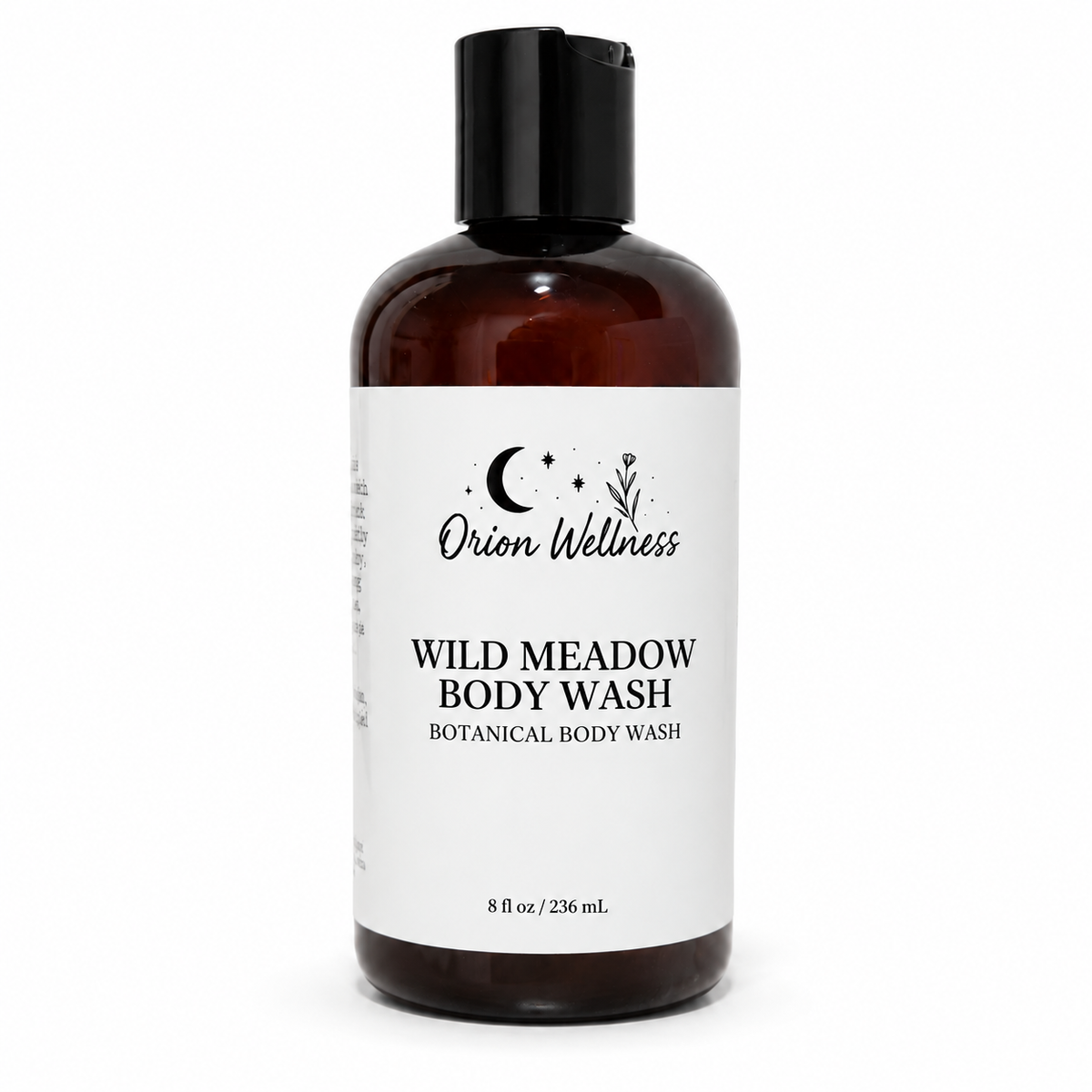 Orion Wellness Wild Meadow Body Wash, 8 fl oz amber bottle on white background