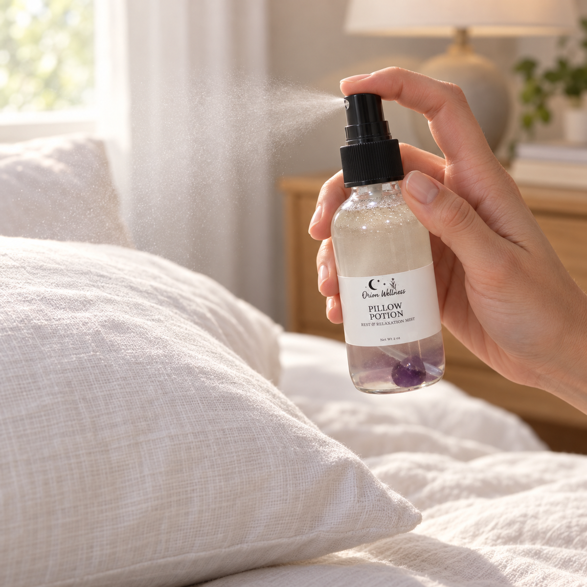 Pillow Potion being misted onto a linen pillow