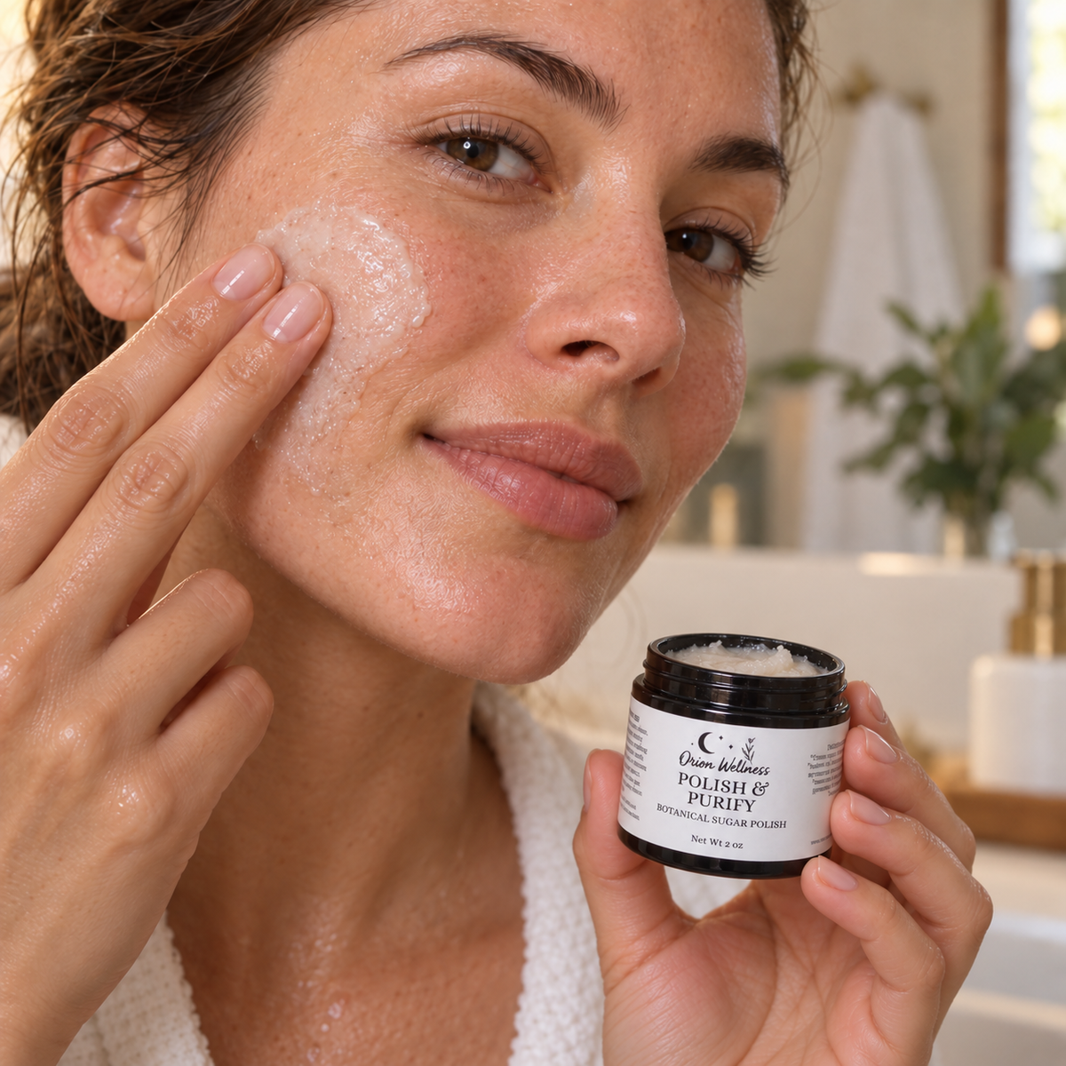 Polish & Purify Sugar Polish shown in a natural on-skin application with a true-to-size 2 oz jar