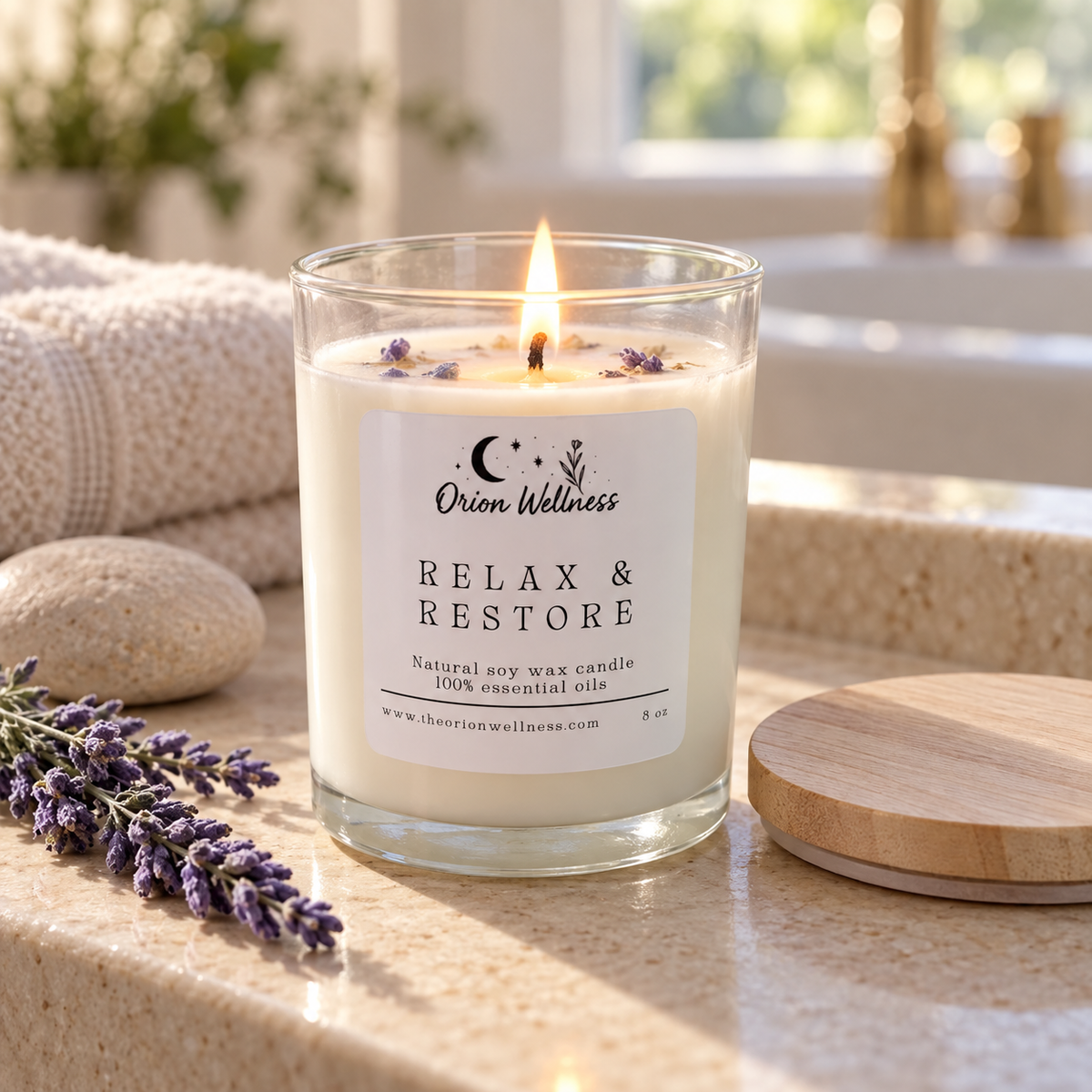Relax and Restore Candle lit in a calm bath setting