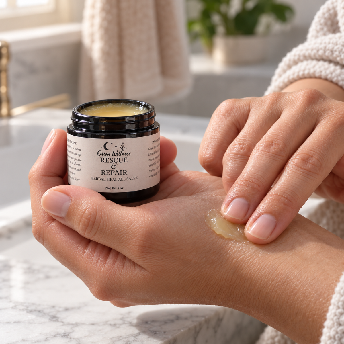 Rescue & Repair Everything Salve shown in a natural on-skin application with a true-to-size 2 oz jar
