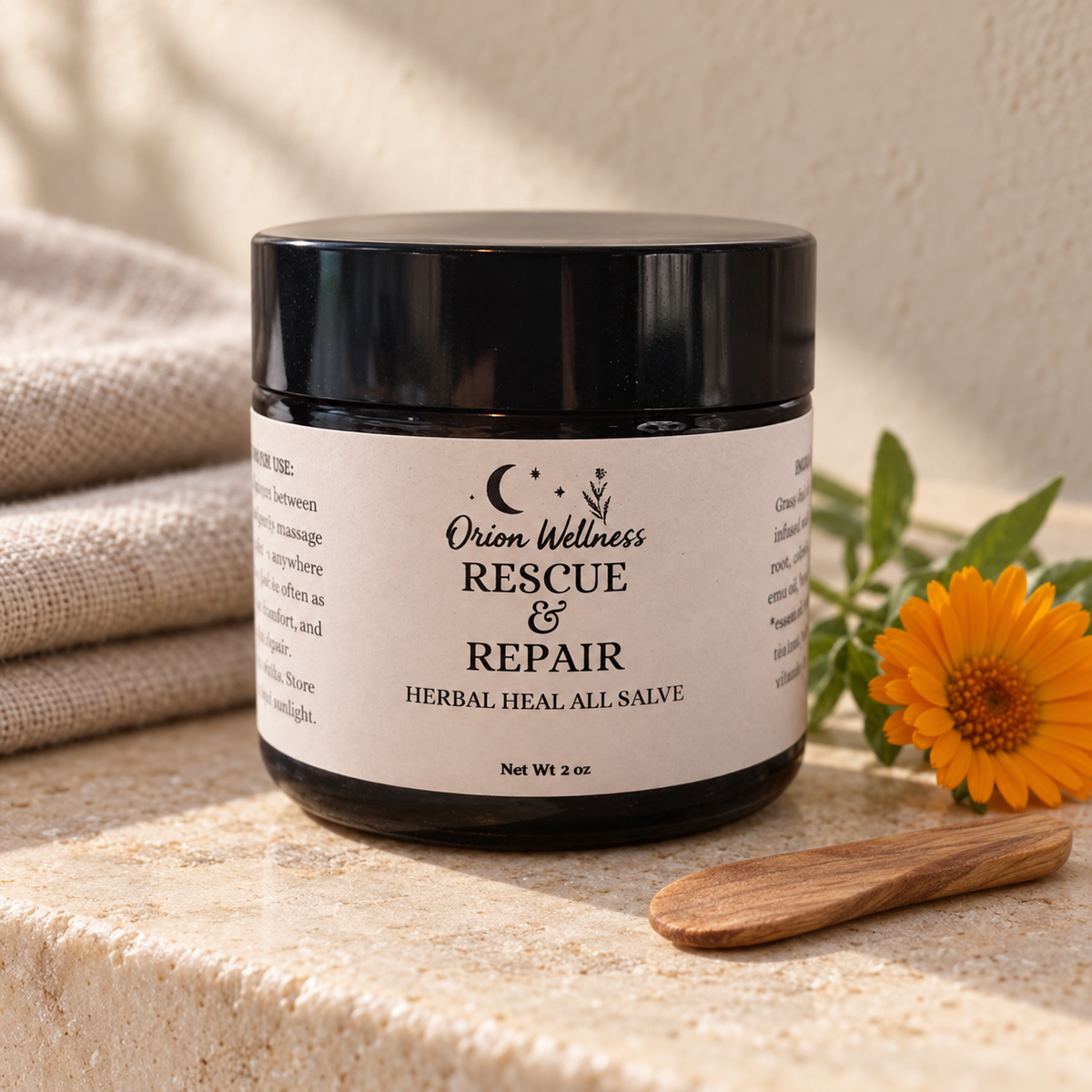 Rescue & Repair Everything Salve in a warm botanical lifestyle setting