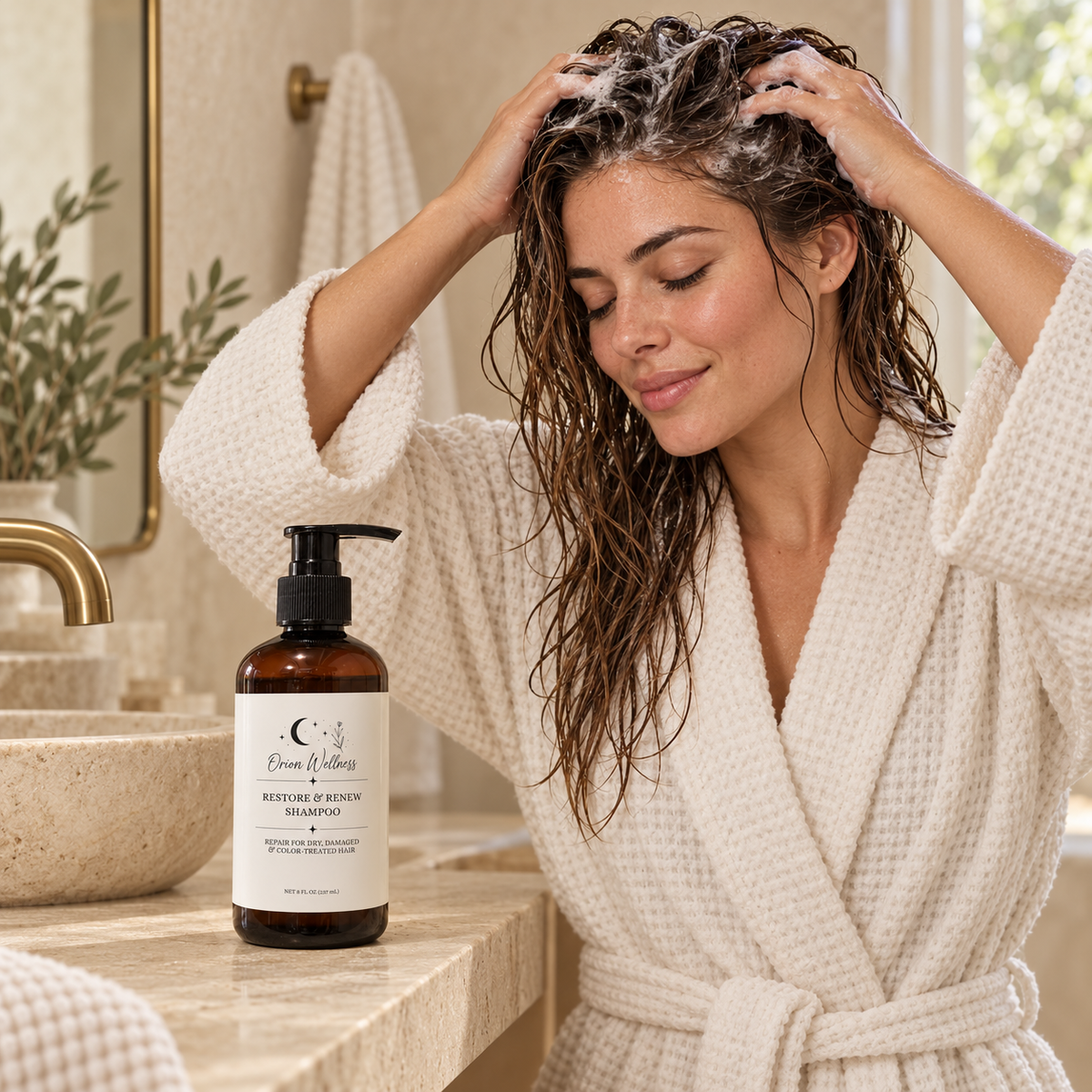 Restore & Renew Shampoo shown in a natural haircare routine