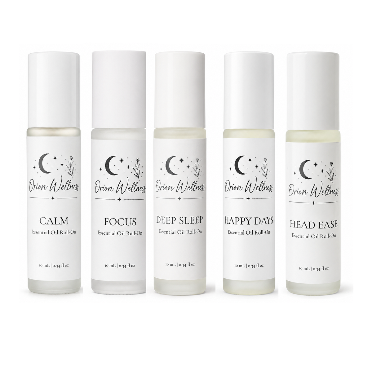 Five Orion Wellness roll-ons: Calm, Focus, Deep Sleep, Happy Days, and Head Ease